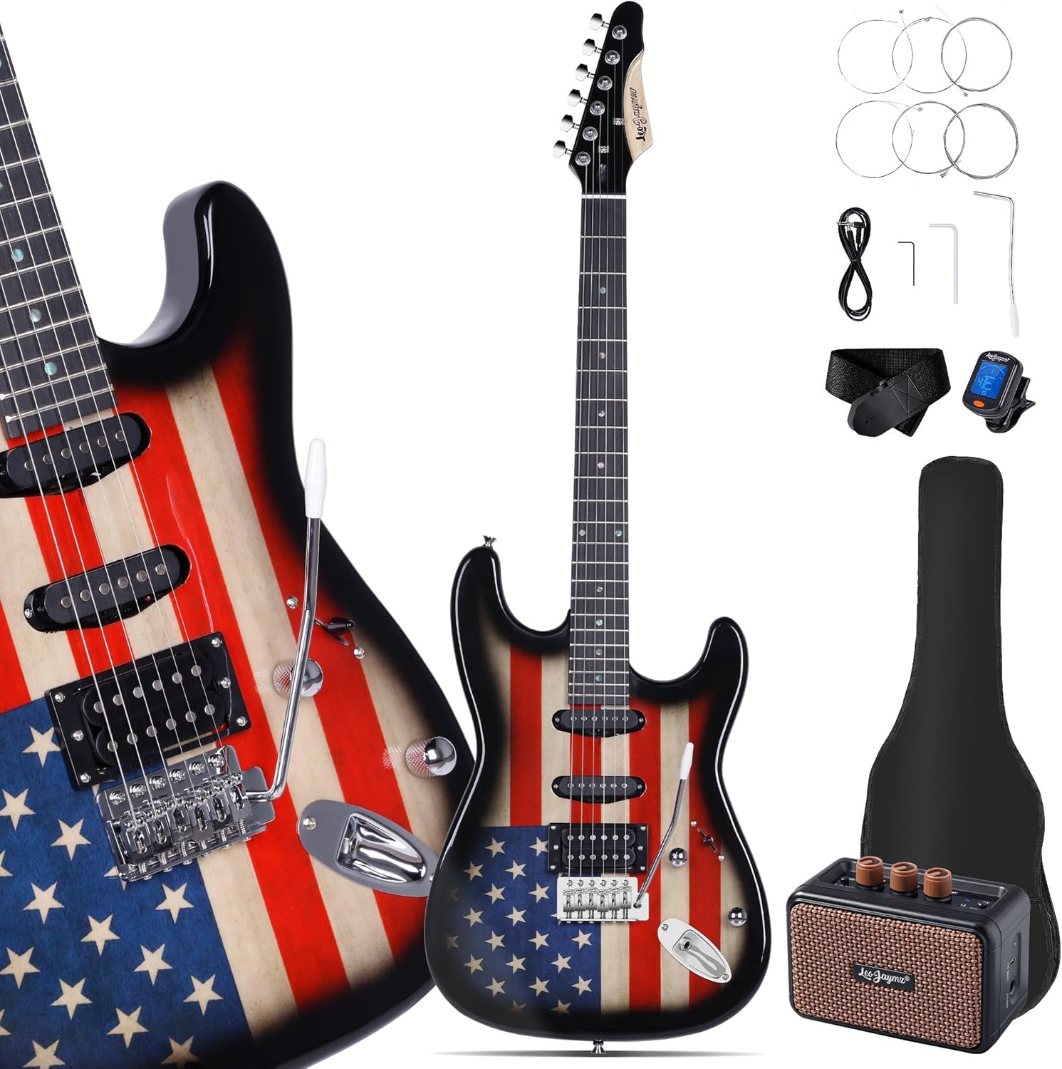 Leo Jaymz 39&ldquo; Full Size ST Style Electric Guitar Starter Kit with SSH Pickup, 5W Portable Amp, Tuner, Gig Bag, Strap or Accessories (US Flag)