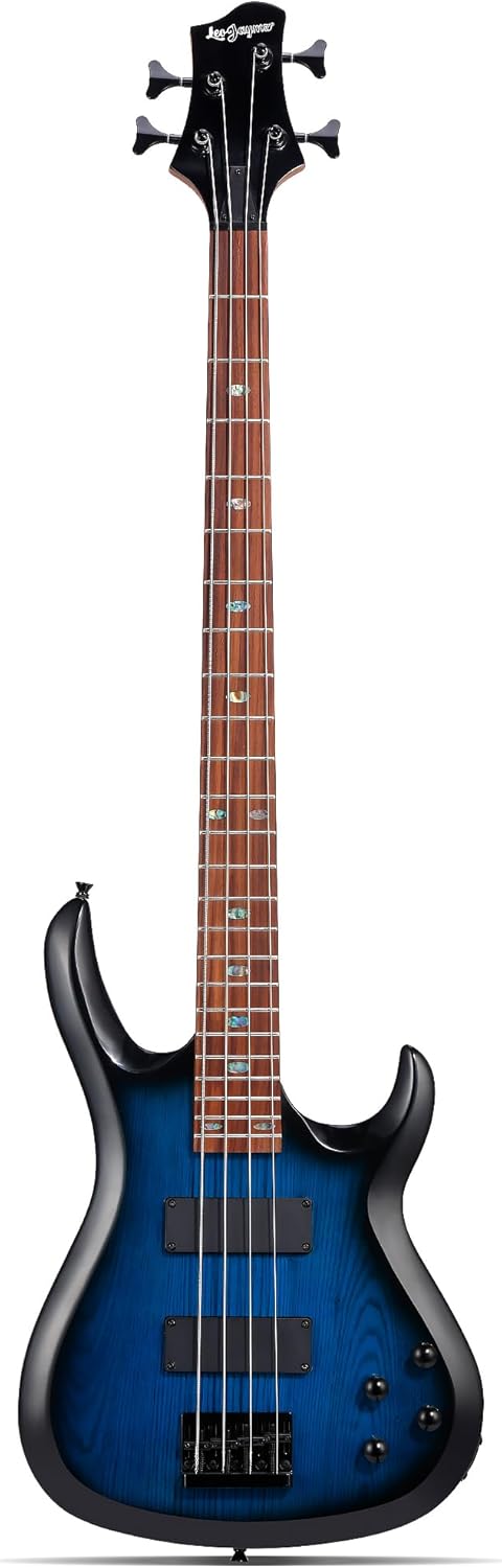 Leo Jaymz CB-400 4 String 34&rdquo; Electric Bass Guitar, 24 Frets, Mahogany Body and Ash Veener, Rosewood Fingerboard with Abalone Inlays, Roasted Maple Neck, H-H Pickups, Glossy Body Finish (CB ASH Blue)