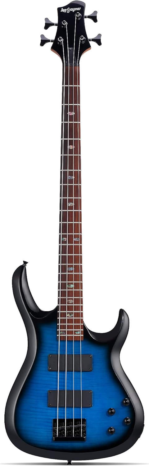 Leo Jaymz CB-400 4 String 34&ldquo; Scale Electric Bass Guitar, 24 Frets, Mahogany Body, Rosewood Fingerboard with Abalone Inlays, Roasted Maple Neck, H-H Pickups, Glossy Body Finish (CB Flame Blue)