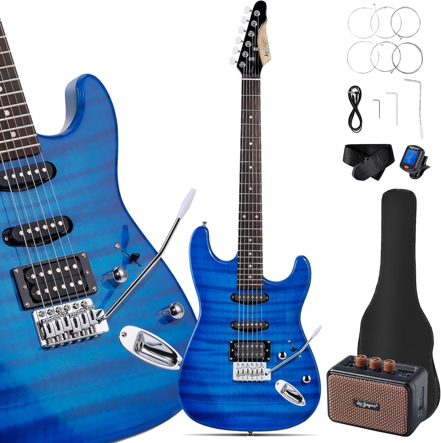 Leo Jaymz 39&rdquo;Full Size ST Style Electric Guitar Starter Kit with SSH Pickup, 5W Portable Amp, Tuner, Gig Bag, Strap or Accessories(Blue Flame 5W)