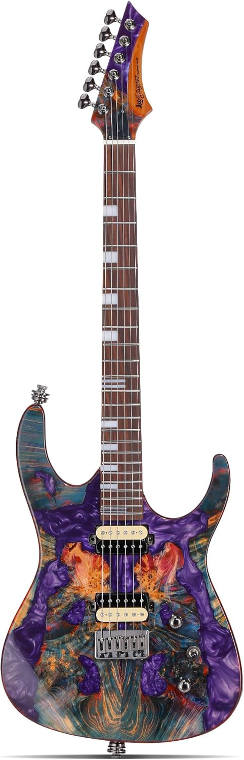 Leo Jaymz Electric Guitar Hurricane Deluxe Series, Burl Top, Mahogany Body, Roasted Maple Neck, Rosewood Fretboard, Locking Tuners, Rounded Frets, Case and Capo (Violet Deluxe)