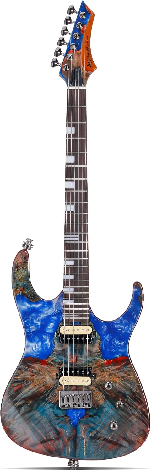 Leo Jaymz Electric Guitar Hurricane Deluxe Series, Burl Top, Mahogany Body, Roasted Maple Neck, Rosewood Fretboard, Locking Tuners, Rounded Frets, Case and Capo (Blue Colorful Deluxe)